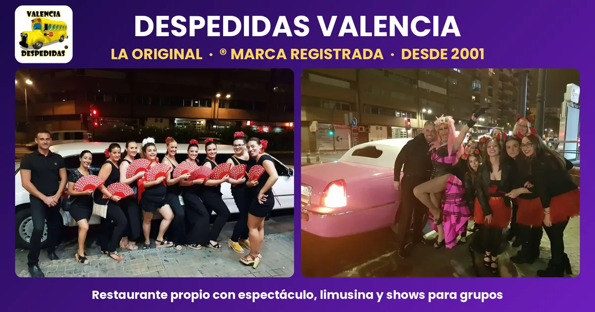 Despedidas Valencia: limusina y show de drag queen para grupos Despedidas Valencia: grupo de despedida de soltera con abanicos junto a la limusina y fiesta con drag queen en la limusina rosa